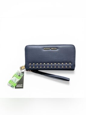 Badgley Mischka Navy Zip Around Studded Long Wallet with Wristlet Strap